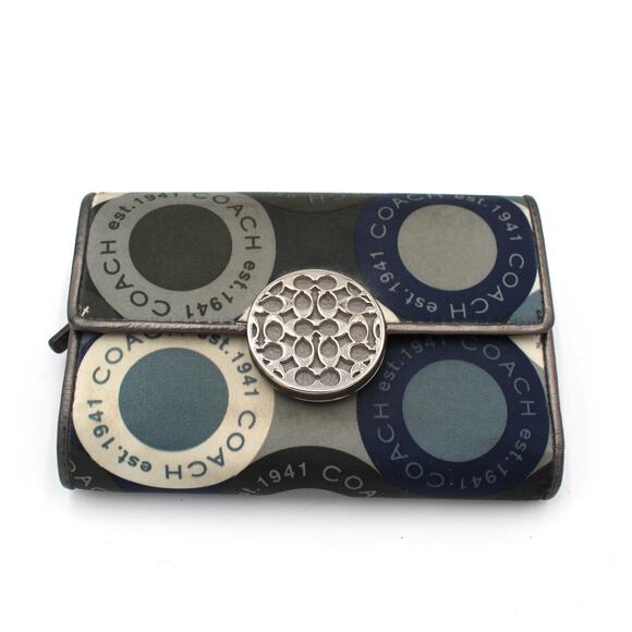 Coach Wallet Y2K Trifold Gray Blue Circle Logo Fabric Silver Medallion Snap - Picture 1 of 9